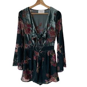 Blush Velvet Floral Jumpsuit - Green and Pink